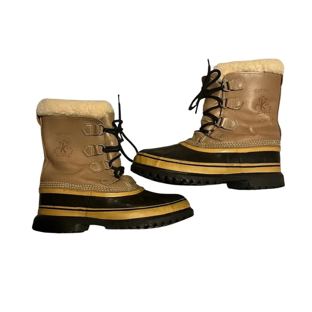 Vintage Sorel Caribou Mens 10 Winter Boots Tan Leather Waterproof Made in Canada